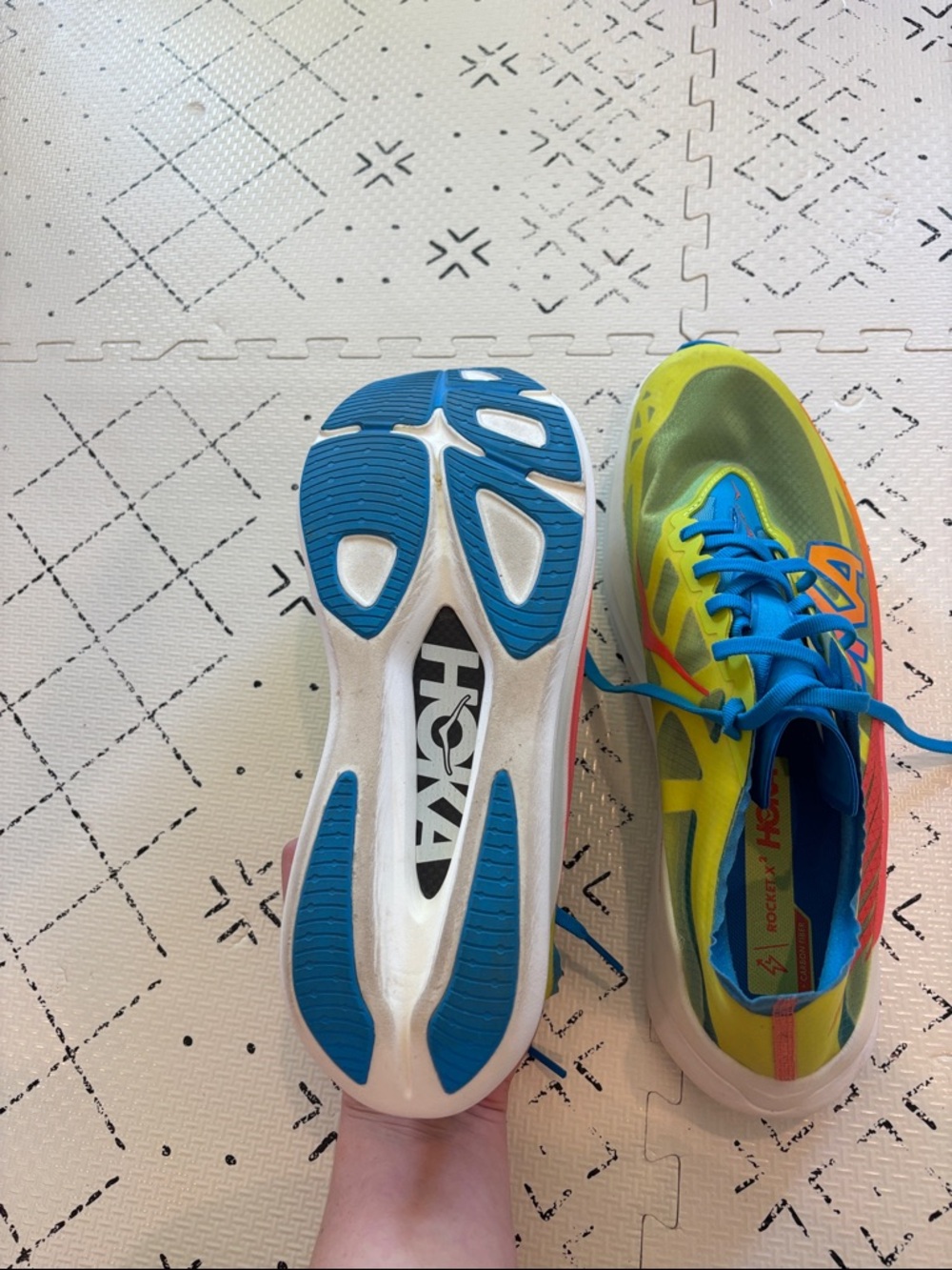 Hoka Neon Yellow & Blue Rocket X2 Running Shoes with Orange Accent - Picture 2 of 4